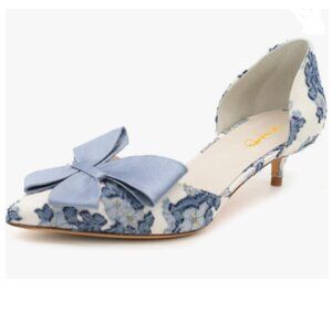 XYD Blue Bloom Embroidery D'Orsay Kitten Heel Bridal Bowknot Pumps Elegant Shoes
